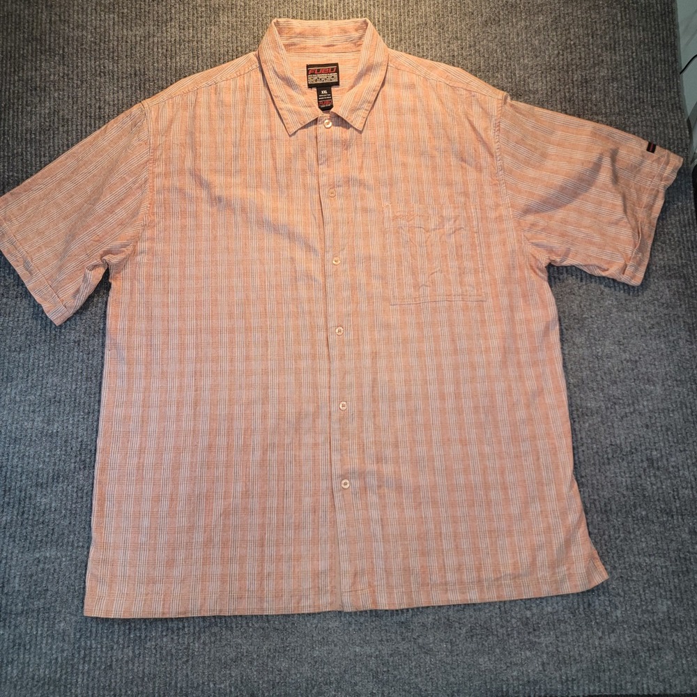 Vtg FUBU Mens XXL Short Sleeve Button Down Shirt Orange White Stripe 90s Hip Hop